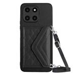 For Honor X6a Rhombic Texture Card Bag RFID Phone Case with Long Lanyard(Black)