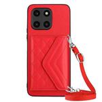 For Honor X6a Rhombic Texture Card Bag RFID Phone Case with Long Lanyard(Red)