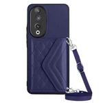 For Honor 90 Rhombic Texture Card Bag RFID Phone Case with Long Lanyard(Dark Purple)