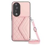 For Honor 90 Rhombic Texture Card Bag RFID Phone Case with Long Lanyard(Rose Gold)