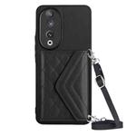 For Honor 90 Rhombic Texture Card Bag RFID Phone Case with Long Lanyard(Black)