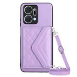 For Honor X7a / Play 7T Rhombic Texture Card Bag RFID Phone Case with Long Lanyard(Light Purple)