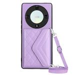 For Honor X9a / Magic5 Lite Rhombic Texture Card Bag RFID Phone Case with Long Lanyard(Light Purple)