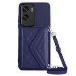 For Honor X50i Rhombic Texture Card Bag RFID Phone Case with Long Lanyard(Dark Purple)