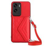 For Honor X50i Rhombic Texture Card Bag RFID Phone Case with Long Lanyard(Red)