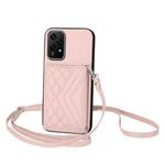 For Honor 200 Lite 5G Global Rhombic Texture Card Bag RFID Phone Case with Long Lanyard(Rose Gold)