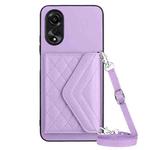 For OPPO A17 Rhombic Texture Card Bag RFID Phone Case with Long Lanyard(Light Purple)