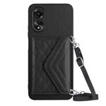 For OPPO A17 Rhombic Texture Card Bag RFID Phone Case with Long Lanyard(Black)