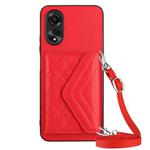 For OPPO A17 Rhombic Texture Card Bag RFID Phone Case with Long Lanyard(Red)