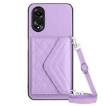 For OPPO A58 / A58x Rhombic Texture Card Bag RFID Phone Case with Long Lanyard(Light Purple)