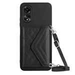 For OPPO A58 4G Rhombic Texture Card Bag RFID Phone Case with Long Lanyard(Black)