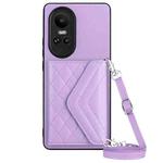 For OPPO Reno10 5G Rhombic Texture Card Bag RFID Phone Case with Long Lanyard(Light Purple)