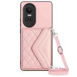 For OPPO Reno10 5G Rhombic Texture Card Bag RFID Phone Case with Long Lanyard(Rose Gold)