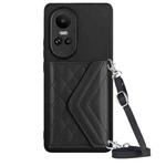 For OPPO Reno10 5G Rhombic Texture Card Bag RFID Phone Case with Long Lanyard(Black)