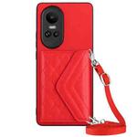 For OPPO Reno10 5G Rhombic Texture Card Bag RFID Phone Case with Long Lanyard(Red)