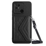 For Xiaomi Redmi 10C Rhombic Texture Card Bag RFID Phone Case with Long Lanyard(Black)