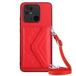 For Xiaomi Redmi 10C Rhombic Texture Card Bag RFID Phone Case with Long Lanyard(Red)