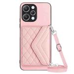 For Xiaomi Redmi 12 4G Rhombic Texture Card Bag RFID Phone Case with Long Lanyard(Rose Gold)