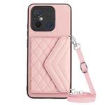 For Xiaomi Redmi 12C / 11A Rhombic Texture Card Bag RFID Phone Case with Long Lanyard(Rose Gold)