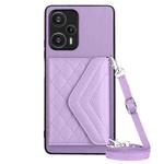 For Xiaomi Redmi Note 12 Turbo Rhombic Texture Card Bag RFID Phone Case with Long Lanyard(Light Purple)