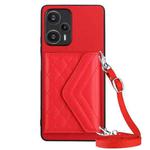 For Xiaomi Redmi Note 12 Turbo Rhombic Texture Card Bag RFID Phone Case with Long Lanyard(Red)