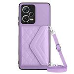 For Xiaomi Redmi Note 12 5G Rhombic Texture Card Bag RFID Phone Case with Long Lanyard(Light Purple)