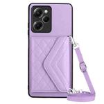 For Xiaomi Redmi Note 12 Pro Speed Rhombic Texture Card Bag RFID Phone Case with Long Lanyard(Light Purple)