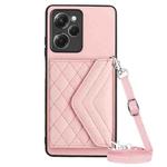 For Xiaomi Redmi Note 12 Pro Speed Rhombic Texture Card Bag RFID Phone Case with Long Lanyard(Rose Gold)