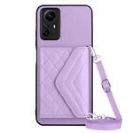 For Xiaomi Redmi Note 12S 4G Rhombic Texture Card Bag RFID Phone Case with Long Lanyard(Light Purple)