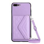 For iPhone 8 Plus / 7 Plus Rhombic Texture Card Bag RFID Phone Case with Long Lanyard(Light Purple)