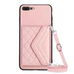 For iPhone 8 Plus / 7 Plus Rhombic Texture Card Bag RFID Phone Case with Long Lanyard(Rose Gold)