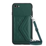 For iPhone SE 2022 / SE 2020 Rhombic Texture Card Bag RFID Phone Case with Long Lanyard(Green)