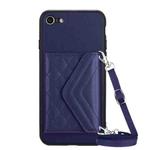 For iPhone SE 2022 / SE 2020 Rhombic Texture Card Bag RFID Phone Case with Long Lanyard(Dark Purple)