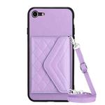 For iPhone SE 2022 / SE 2020 Rhombic Texture Card Bag RFID Phone Case with Long Lanyard(Light Purple)
