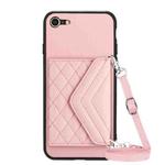 For iPhone SE 2022 / SE 2020 Rhombic Texture Card Bag RFID Phone Case with Long Lanyard(Rose Gold)