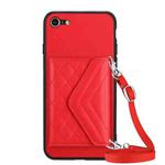 For iPhone SE 2022 / SE 2020 Rhombic Texture Card Bag RFID Phone Case with Long Lanyard(Red)