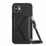 For iPhone 11 Rhombic Texture Card Bag RFID Phone Case with Long Lanyard(Black)