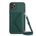 For iPhone 11 Pro Rhombic Texture Card Bag RFID Phone Case with Long Lanyard(Green)