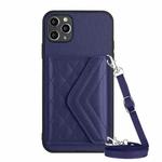 For iPhone 11 Pro Rhombic Texture Card Bag RFID Phone Case with Long Lanyard(Dark Purple)