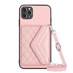 For iPhone 11 Pro Rhombic Texture Card Bag RFID Phone Case with Long Lanyard(Rose Gold)