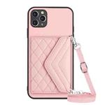 For iPhone 11 Pro Max Rhombic Texture Card Bag RFID Phone Case with Long Lanyard(Rose Gold)