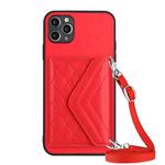 For iPhone 11 Pro Max Rhombic Texture Card Bag RFID Phone Case with Long Lanyard(Red)