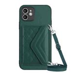 For iPhone 12 Rhombic Texture Card Bag RFID Phone Case with Long Lanyard(Green)