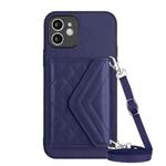 For iPhone 12 mini Rhombic Texture Card Bag RFID Phone Case with Long Lanyard(Dark Purple)