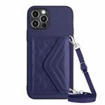 For iPhone 12 Pro Max Rhombic Texture Card Bag RFID Phone Case with Long Lanyard(Dark Purple)