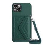 For iPhone 13 Rhombic Texture Card Bag RFID Phone Case with Long Lanyard(Green)