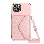 For iPhone 13 Rhombic Texture Card Bag RFID Phone Case with Long Lanyard(Rose Gold)