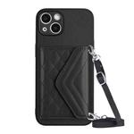For iPhone 13 Rhombic Texture Card Bag RFID Phone Case with Long Lanyard(Black)