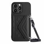 For iPhone 13 Pro Rhombic Texture Card Bag RFID Phone Case with Long Lanyard(Black)