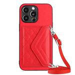 For iPhone 13 Pro Rhombic Texture Card Bag RFID Phone Case with Long Lanyard(Red)